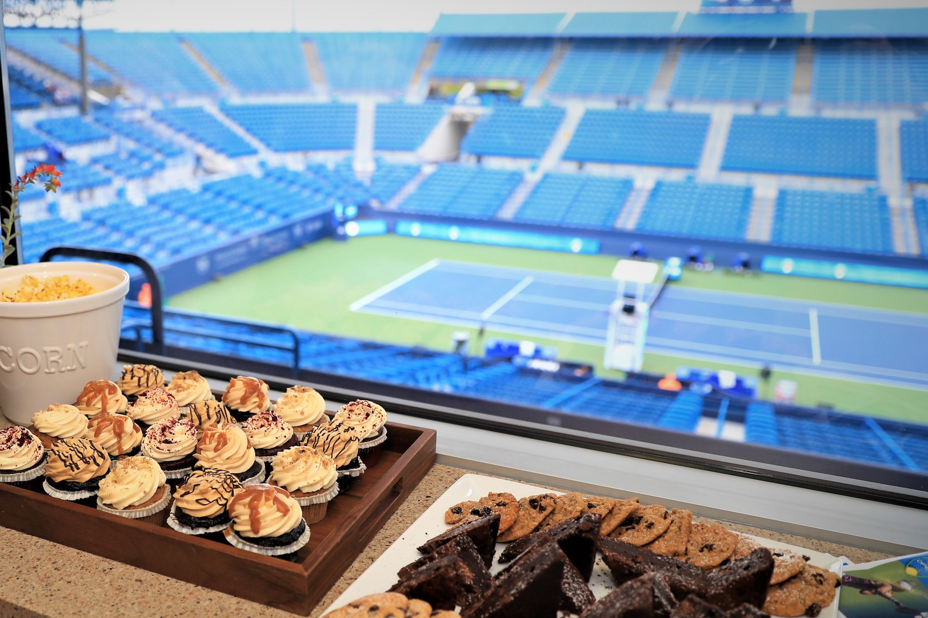 view of stadium from suite with desserts on display