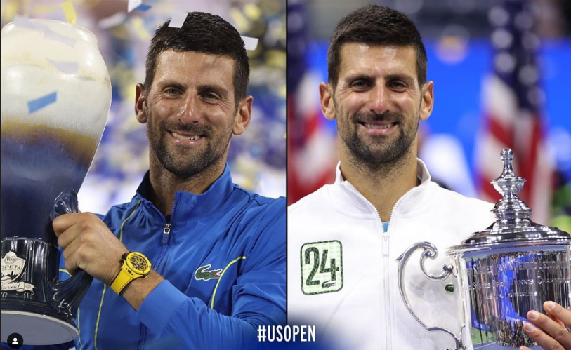 Novak Djokovic poses with trophies